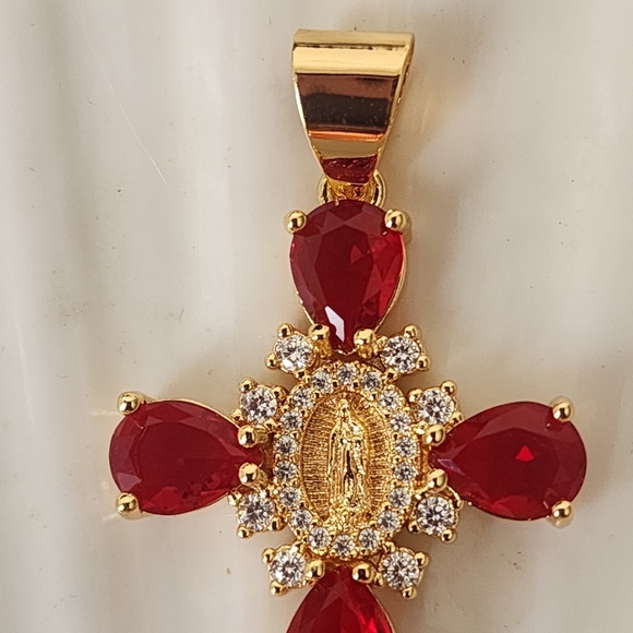 Gold Steel Cross Pendant Crystal Simulated Red Ruby Stones and Virgin Ma… - Picture 3 of 8